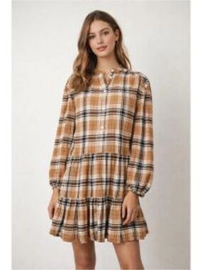 GAP Plaid flannel Long-Sleeve Tiered Mini Dress in Camel Medium